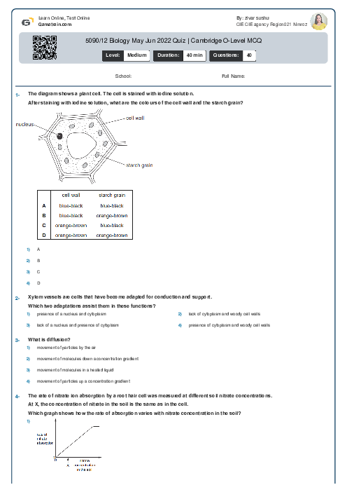 5090/12 Biology May Jun 2022 Quiz | Cambridge O-Level MCQ