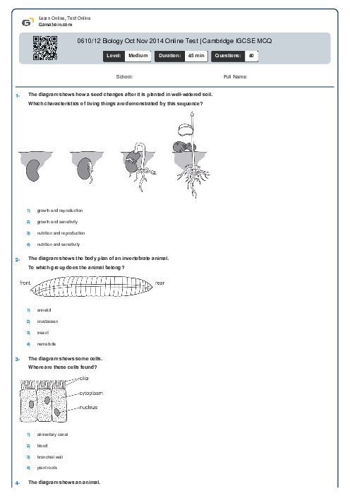 0610/12 Biology Oct Nov 2014 Online Test | Cambridge IGCSE MCQ