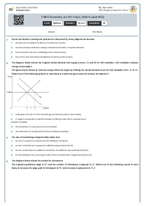  7136/3 Economics Jun 2017 Quiz | AQA A Level MCQ