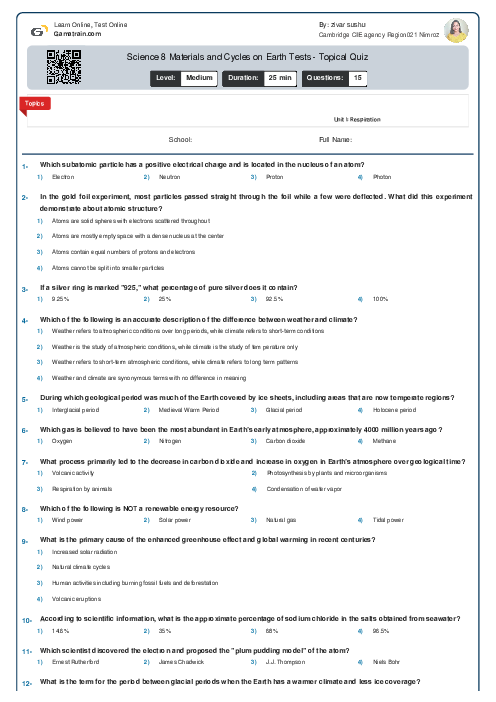Science 8 Materials and Cycles on Earth Tests - Topical Quiz