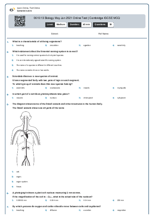 0610/13 Biology May Jun 2021 Online Test | Cambridge IGCSE MCQ