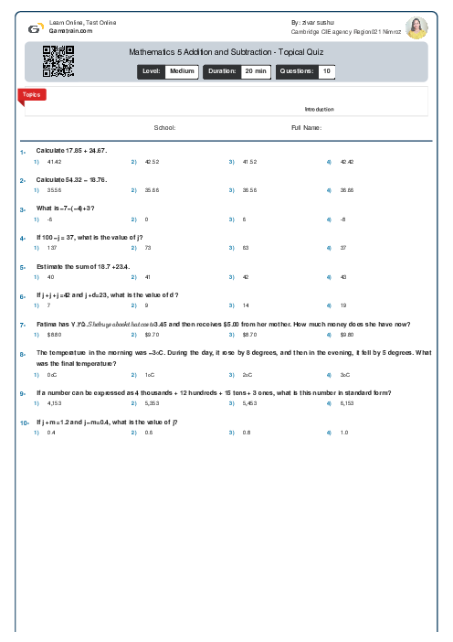  Mathematics 5 | Addition and Subtraction - Topical Quiz