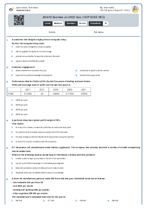  J204/02 Business Jun 2022 Quiz | OCR GCSE MCQ