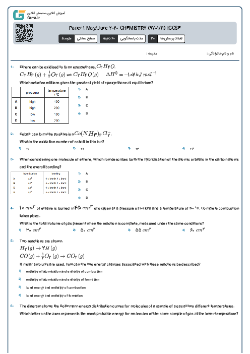 Paper 1 May/June 2020 CHEMISTRY (9701/11) IGCSE