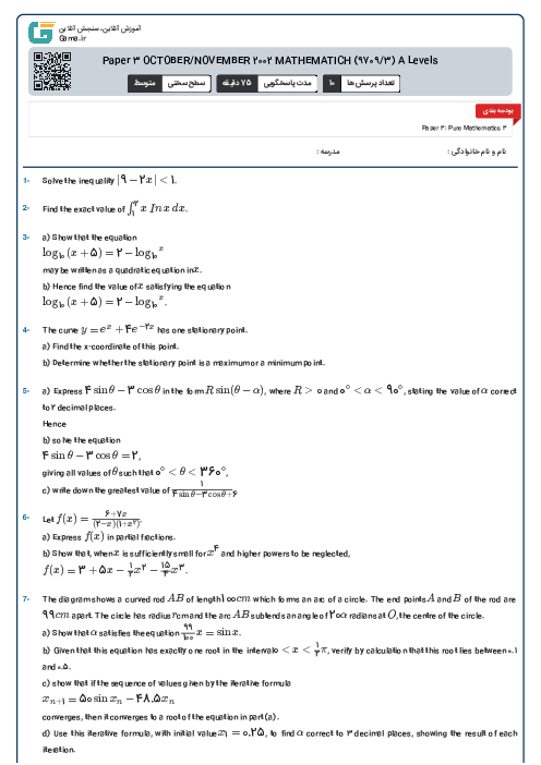 Paper 3 OCTOBER/NOVEMBER 2002 MATHEMATICH (9709/3) A Levels