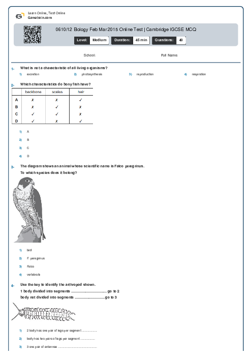 0610/12 Biology Feb Mar 2015 Online Test | Cambridge IGCSE MCQ