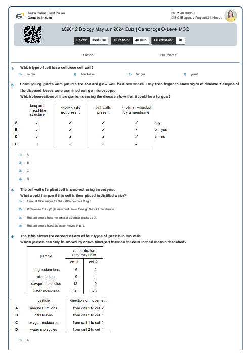 5090/12 Biology May Jun 2024 Quiz | Cambridge O-Level MCQ