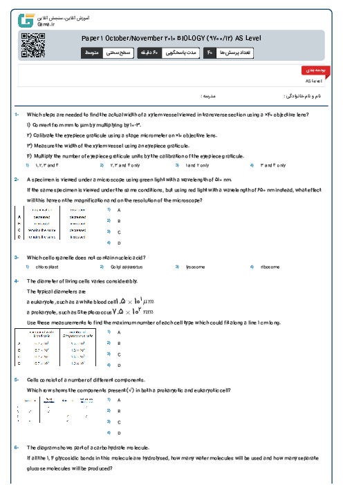 9700/12 Biology Oct Nov 2010 Online Test | Cambridge AS and A Level MCQ