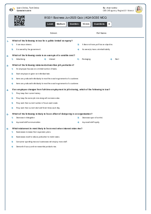 8132/1 Business Jun 2023 Quiz | AQA GCSE MCQ
