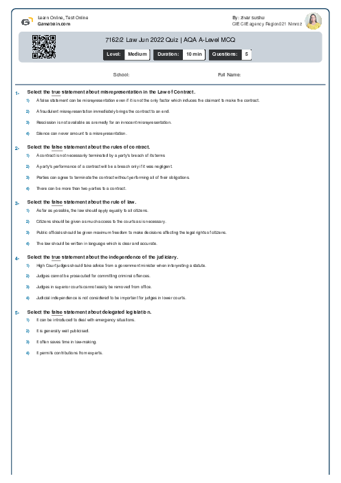 7162/3A Law Jun 2022 Quiz | AQA A Level MCQ