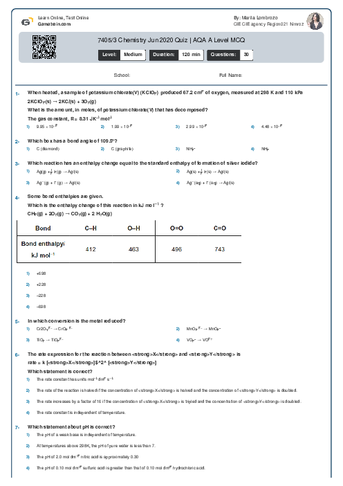 7405/3 Chemistry Jun 2020 Quiz | AQA A Level MCQ
