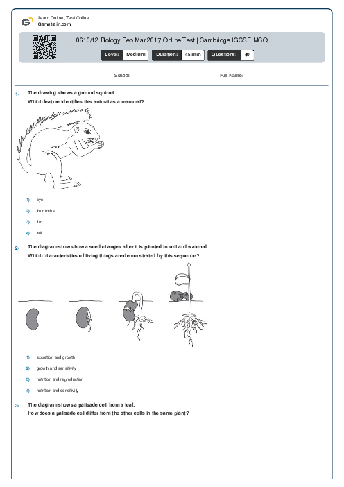 0610/12 Biology Feb Mar 2017 Online Test | Cambridge IGCSE MCQ