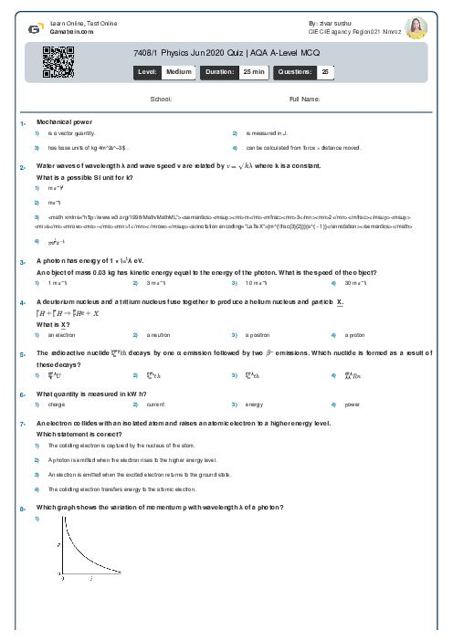 7408/1 Physics Jun 2020 Quiz | AQA A Level MCQ