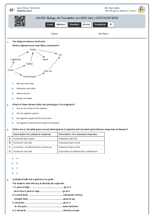 J247/02 Biology (A) Foundation Jun 2022 Quiz | OCR GCSE MCQ