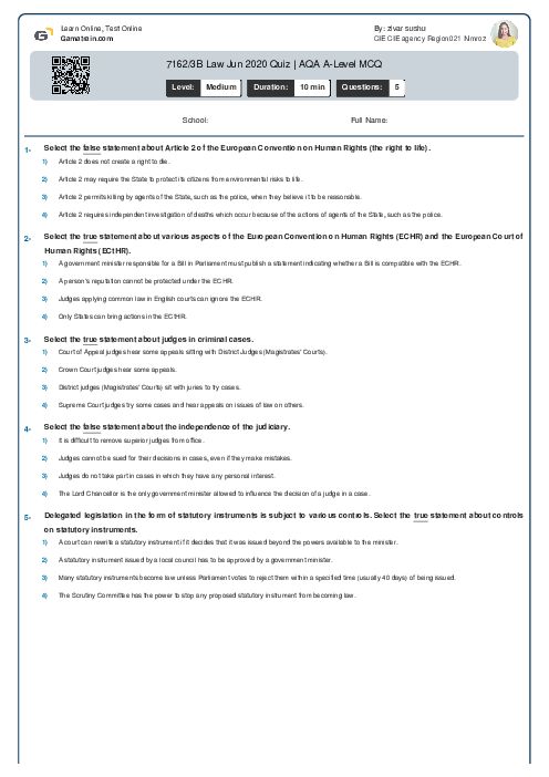  7162/3B Law Jun 2020 Quiz | AQA A Level MCQ