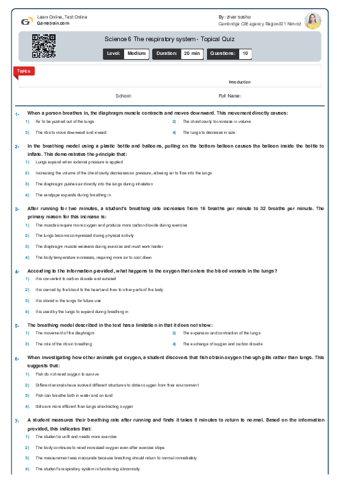 Science 6 The respiratory system - Topical Quiz