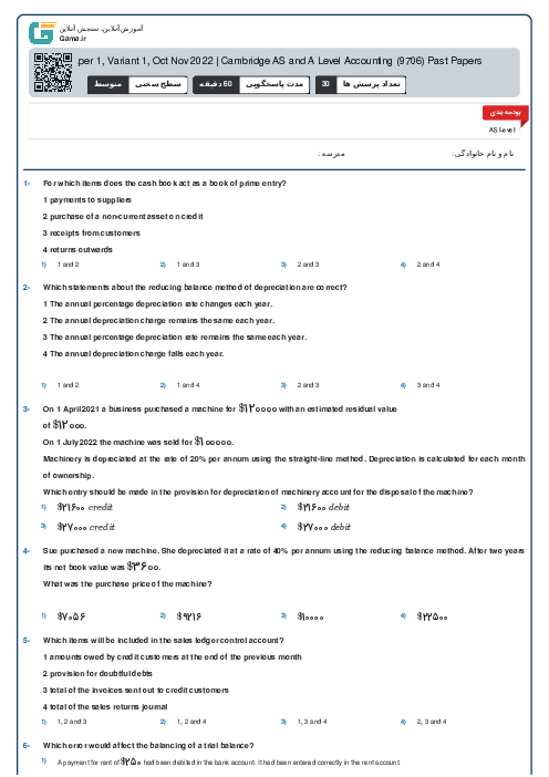 9706/11 Accounting Oct Nov 2022 Online Test | Cambridge AS and A Level MCQ