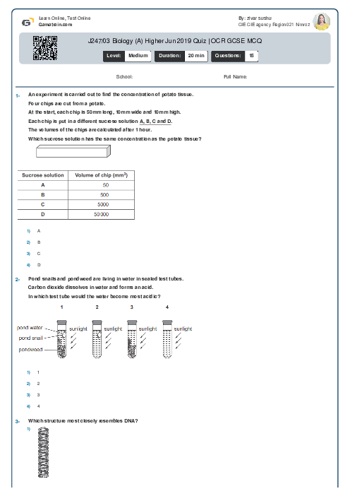 J247/03 Biology (A) Higher Jun 2019 Quiz | OCR GCSE MCQ