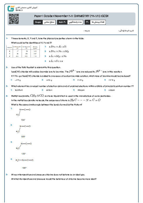 Paper 1 October/November 2011 CHEMISTRY (9701/11) IGCSE