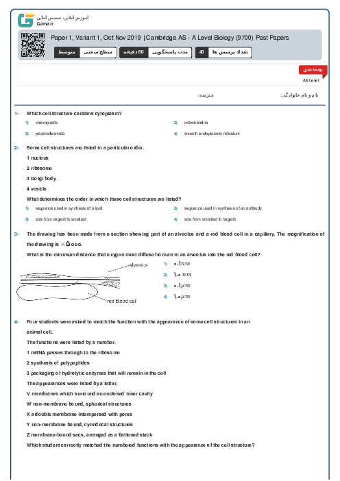 9700/11 Biology Oct Nov 2019 Online Test | Cambridge AS and A Level MCQ