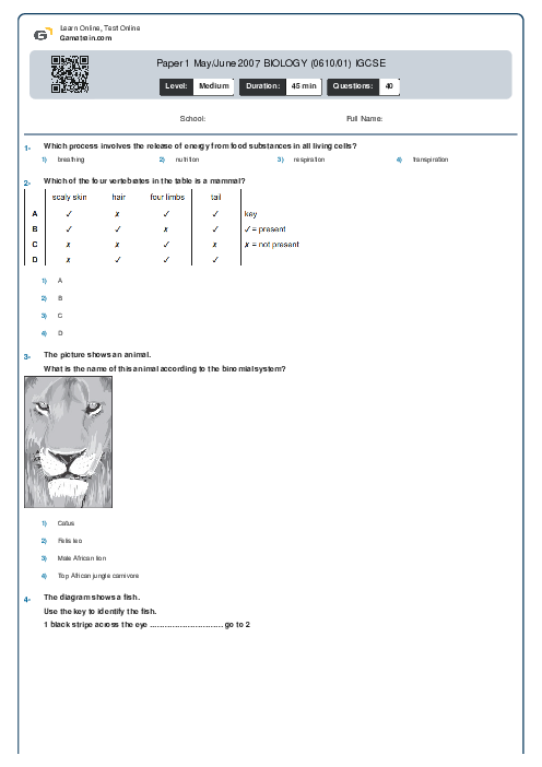 Paper 1 May/June 2007 BIOLOGY (0610/01) IGCSE