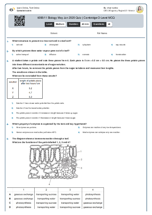 5090/11 Biology May Jun 2020 Quiz | Cambridge O-Level MCQ