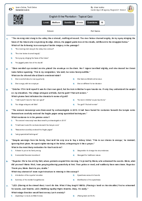  English 8 | the Plantation - Topical Quiz