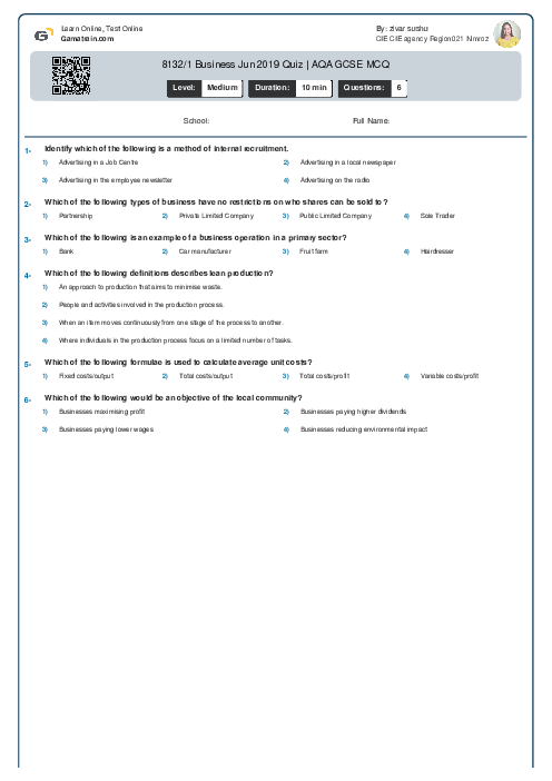 8132/1 Business Jun 2019 Quiz | AQA GCSE MCQ