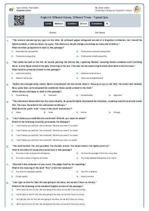 English 6 | Different Voices, Different Times - Topical Quiz