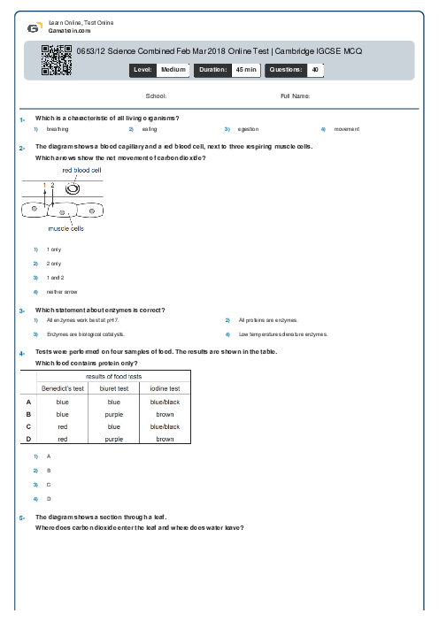 0653/12 Science Combined Feb Mar 2018 Online Test | Cambridge IGCSE MCQ
