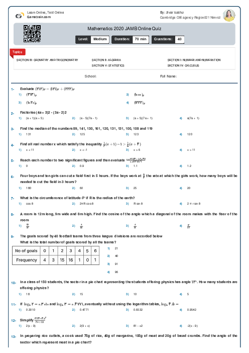 Mathematics 2020 JAMB Online Quiz