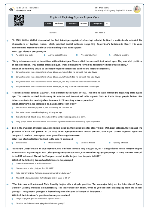  English 5 | Exploring Space - Topical Quiz
