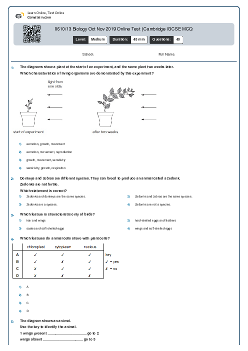 0610/13 Biology Oct Nov 2019 Online Test | Cambridge IGCSE MCQ