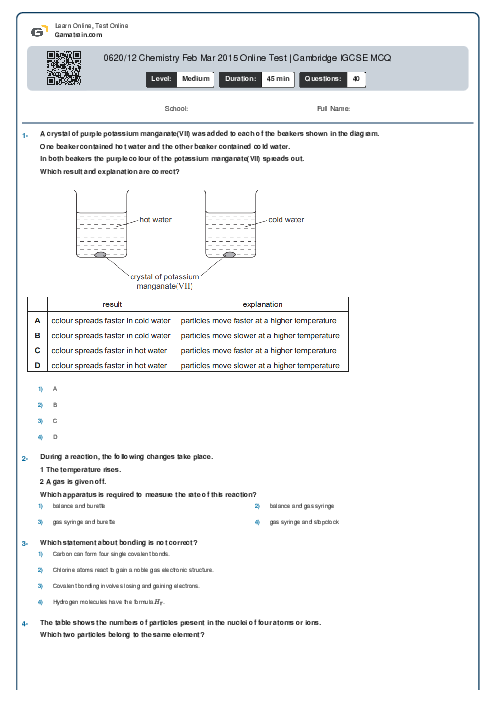 0620/12 Chemistry Feb Mar 2015 Online Test | Cambridge IGCSE MCQ