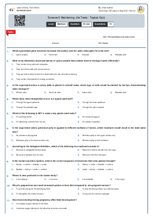 Science 9 Maintaining Life Tests - Topical Quiz