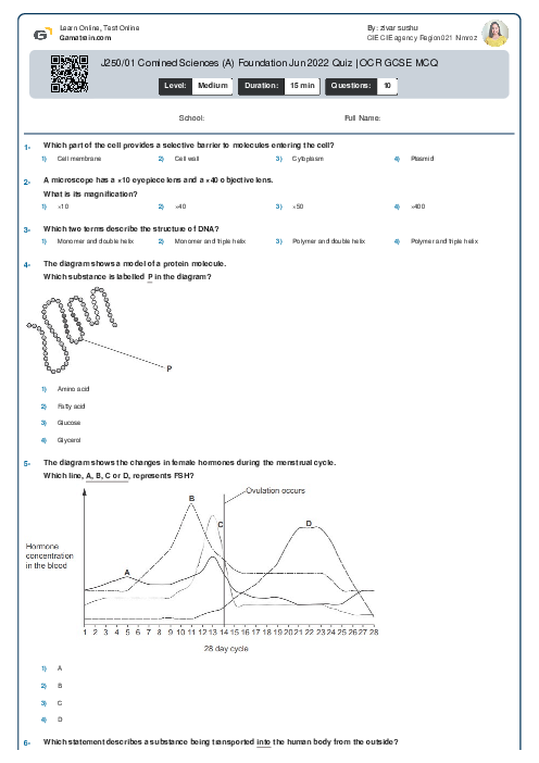 J250/01 Combined Science (A) Foundation Jun 2022 Quiz | OCR GCSE MCQ