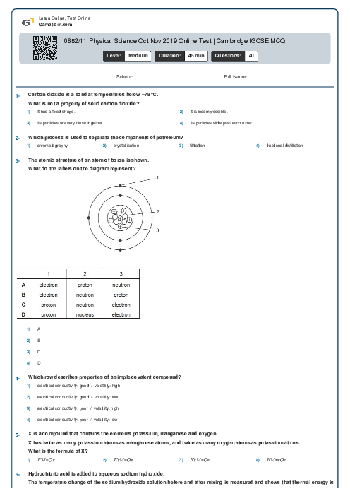 0652/11 Physical Science Oct Nov 2019 Online Test | Cambridge IGCSE MCQ