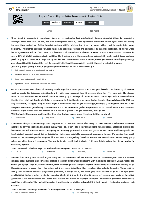 English Global English 9 the Environment - Topical Quiz