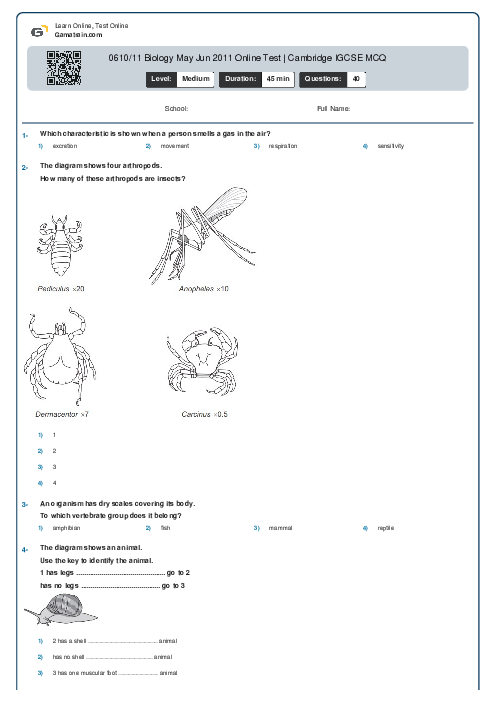 0610/11 Biology May Jun 2011 Online Test | Cambridge IGCSE MCQ