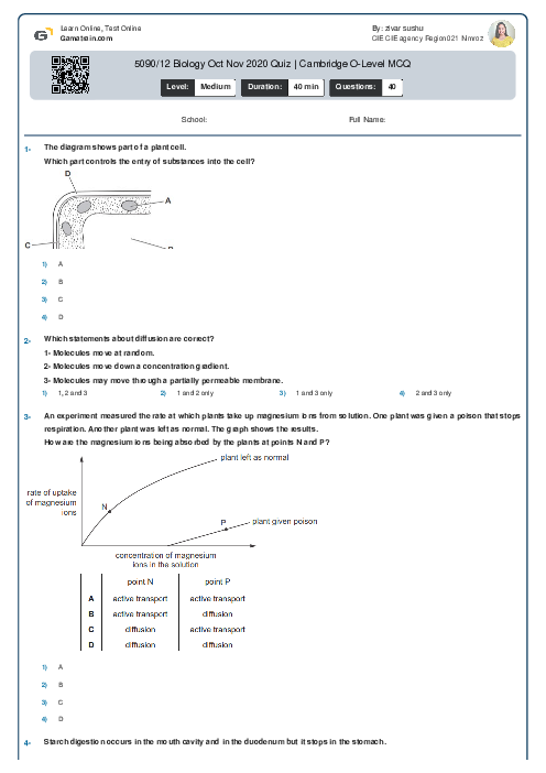 5090/12 Biology Oct Nov 2020 Quiz | Cambridge O-Level MCQ