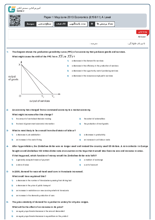 Paper 1 May/June 2013 Economics (9708/11) A Level