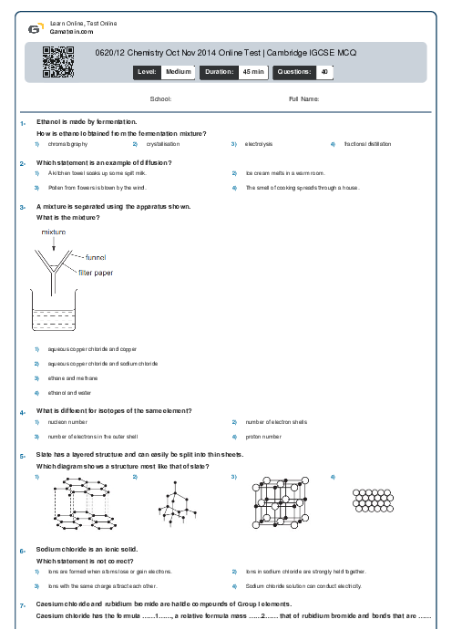 0620/12 Chemistry Oct Nov 2014 Online Test | Cambridge IGCSE MCQ