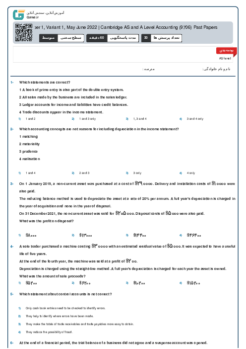 9706/11 Accounting May Jun 2022 Online Test | Cambridge AS and A Level MCQ