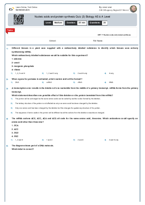 Nucleic acids and protein synthesis Quiz (3) Biology AS Level
