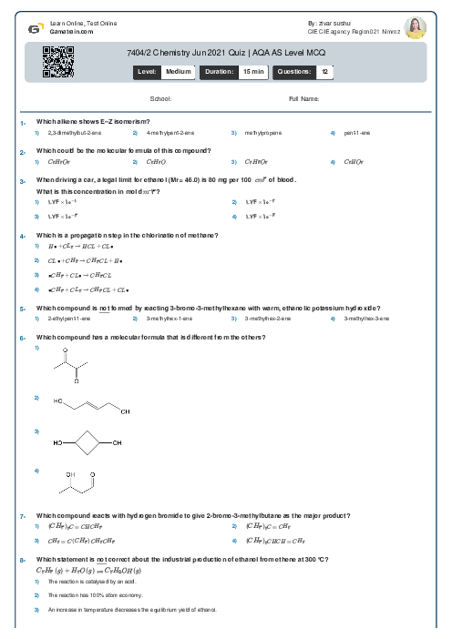  7404/2 Chemistry Jun 2021 Quiz | AQA AS Level MCQ