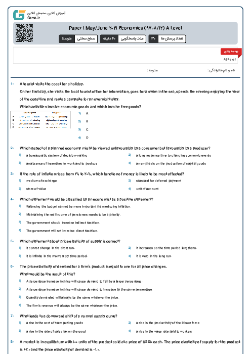 Paper 1 May/June 2021 Economics (9708/12) A Level