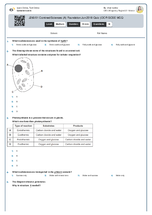 J250/01 Combined Science (A) Foundation Jun 2018 Quiz | OCR GCSE MCQ