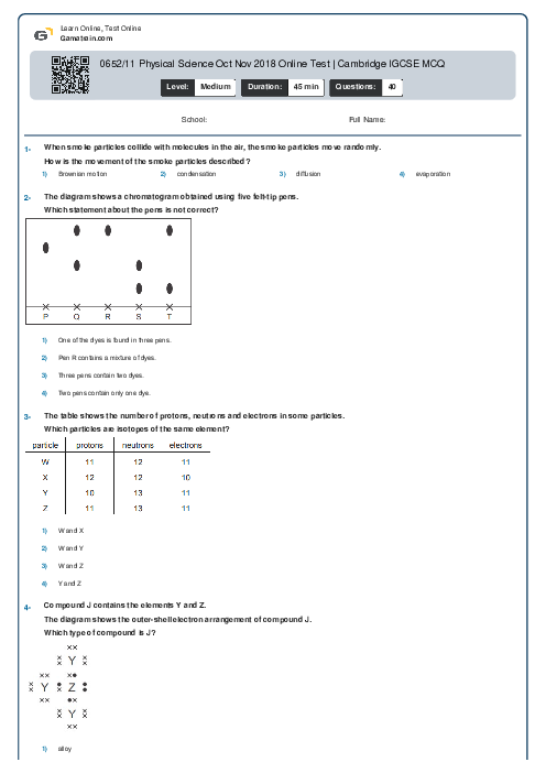 0652/11 Physical Science Oct Nov 2018 Online Test | Cambridge IGCSE MCQ