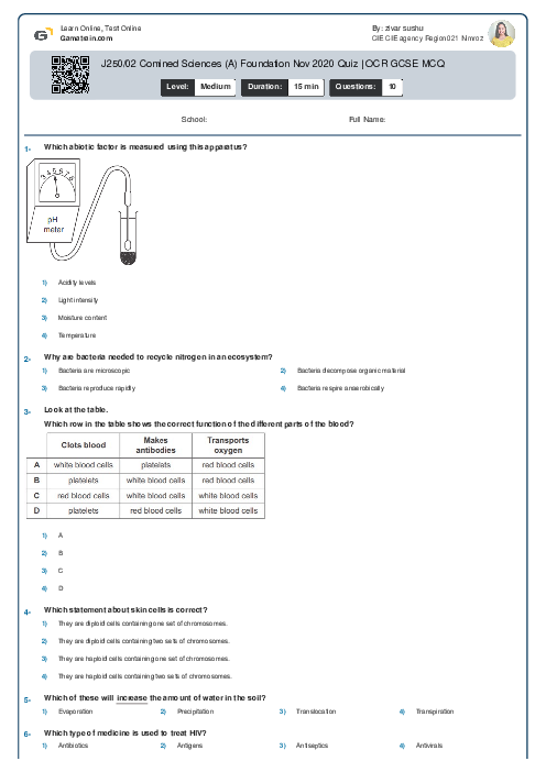 J250/02 Combined Science (A) Foundation Nov 2020 Quiz | OCR GCSE MCQ