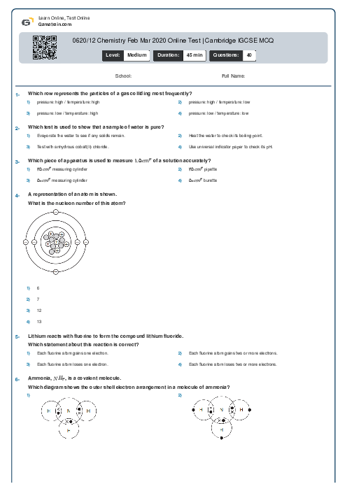 0620/12 Chemistry Feb Mar 2020 Online Test | Cambridge IGCSE MCQ